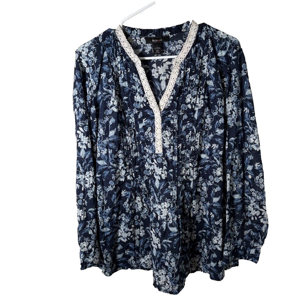 Style & Co Blouse Women's Large V-Neck Floral Lace Blue Long Sleeve Top Shirt